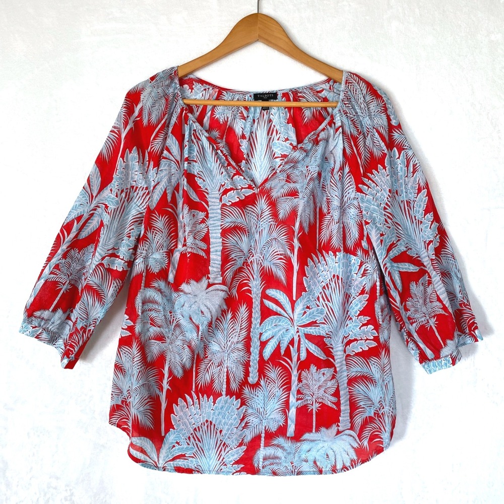 Talbots Plus Red Palm Tree Print V Neck 3/4 Sleeve Blouse Tunic Top Size 1X